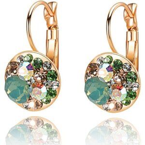 Multicolored Austrian Crystal Leverback Earrings Women 14K Gold Plated Dangle